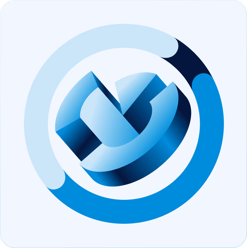 Blue abstract 3D geometric shape with circular segmented ring on a light background.