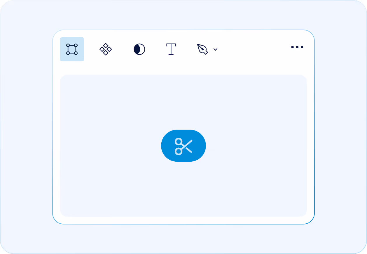 User interface with toolbar icons above a blue button showing scissors for cutting.