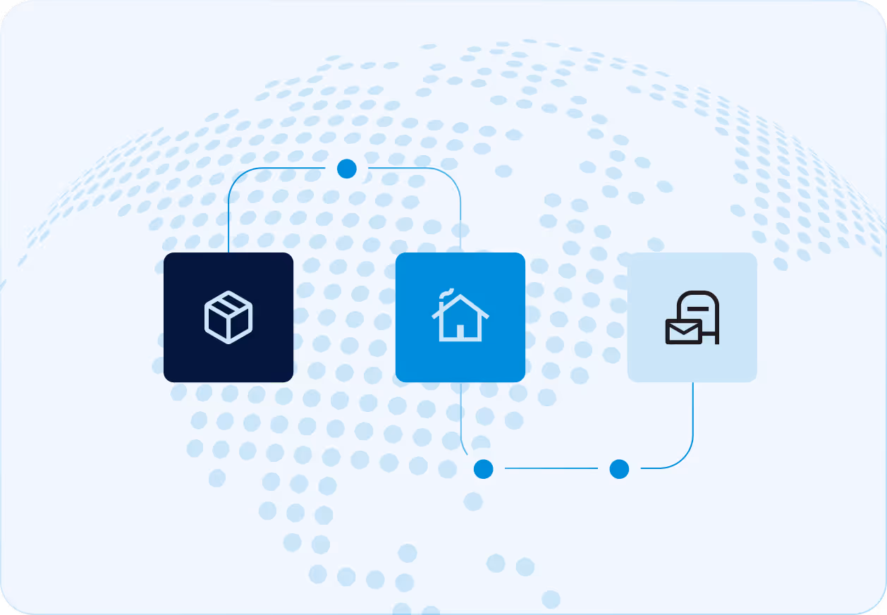 Graphic of a connected flow with icons: package box, house, and mailbox with letter on a dotted globe background.