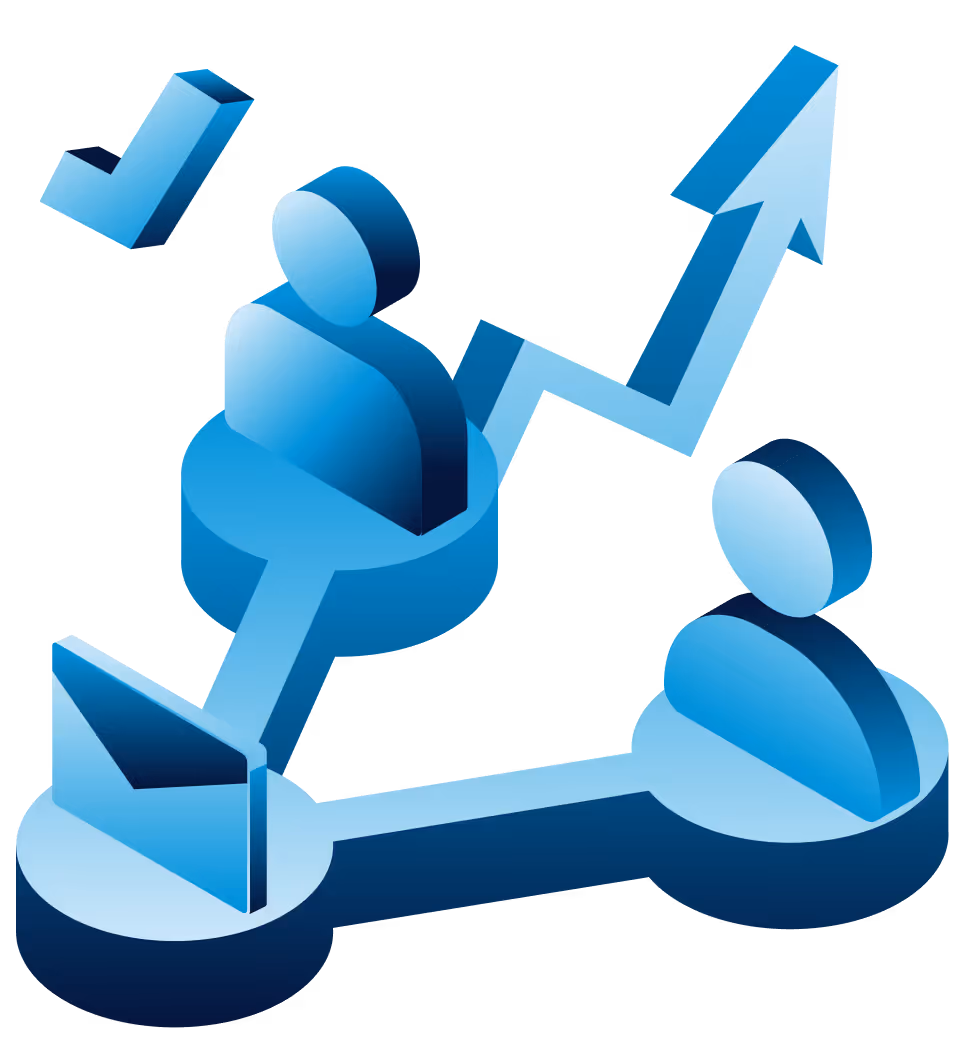 Blue 3D icons of two people connected by email and an upward arrow showing growth or progress.