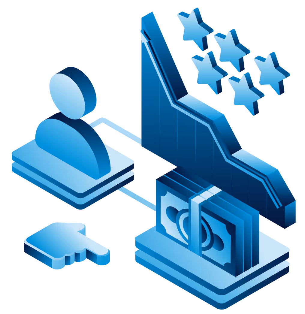 Blue 3D icons showing a user, declining graph with stars, money stack, and a pointing hand.
