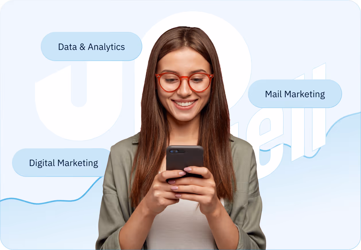 Smiling woman with red glasses using phone with marketing text bubbles around her.