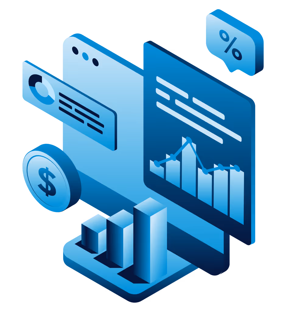 3D illustration of digital financial graphs, charts, dollar sign, and percentage symbol in blue tones.