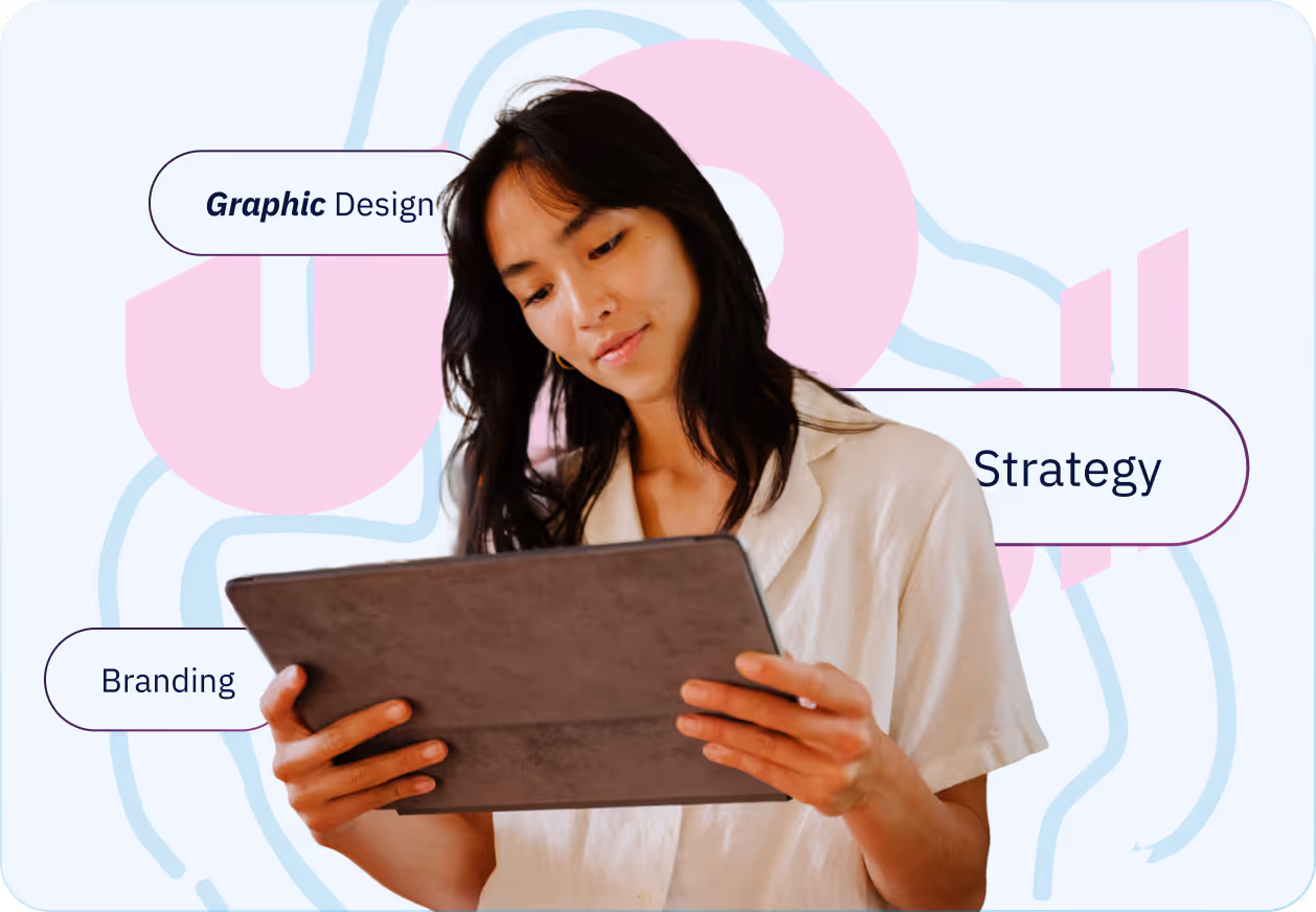 Woman in white shirt holding and looking at a tablet with graphic design, branding, strategy text bubbles.