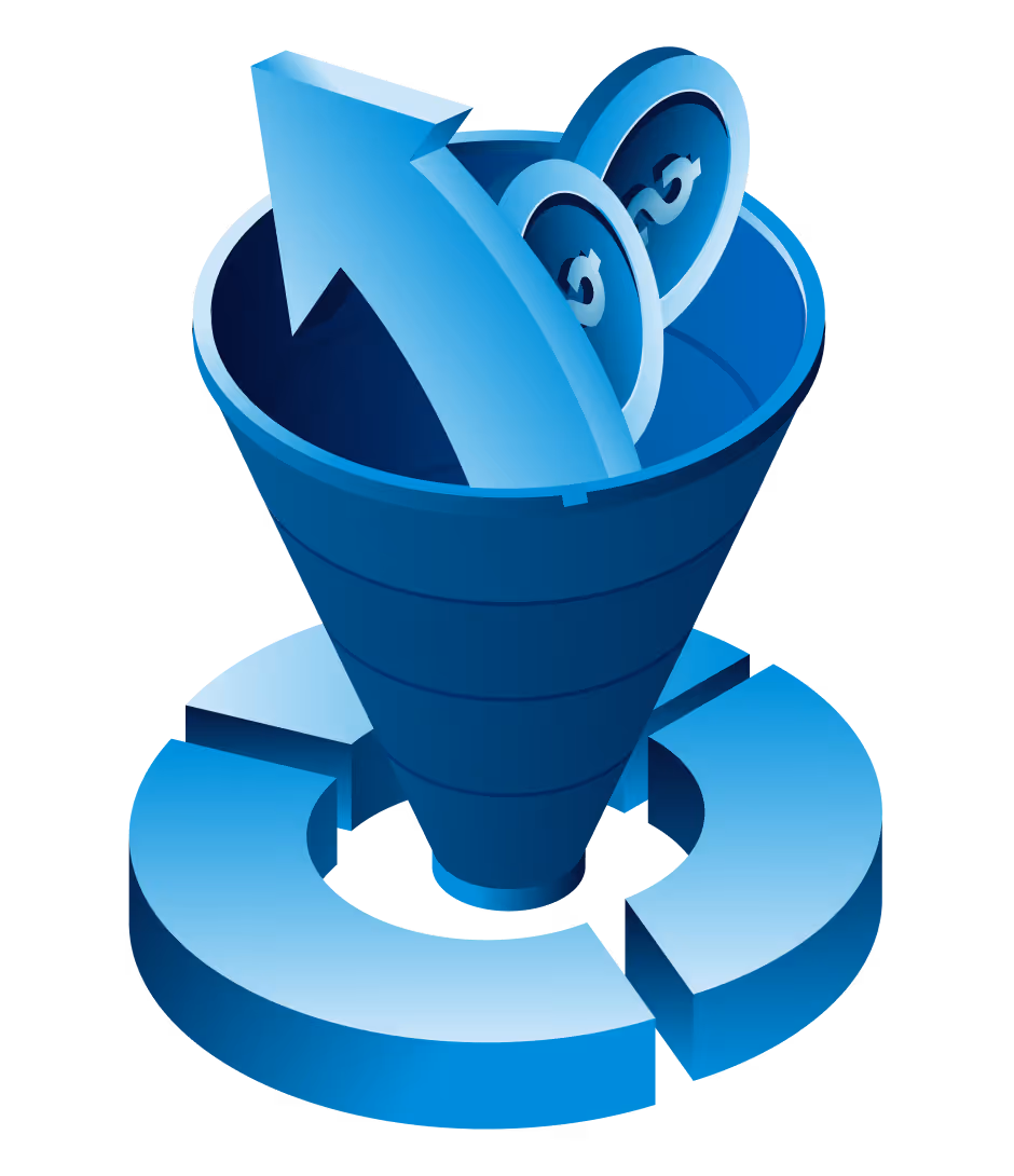 Blue funnel with dollar coins and upward arrow rising from segmented circular base.