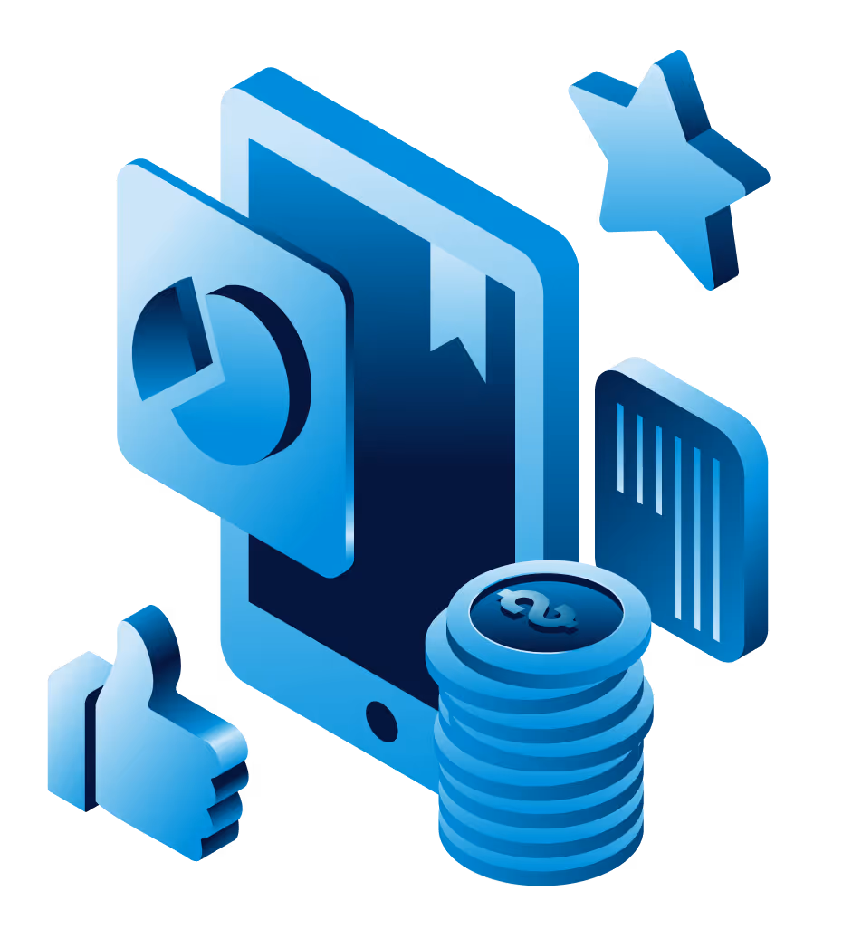 Blue 3D icons of a smartphone, coins, thumbs up, star, chart, and barcode on black background.