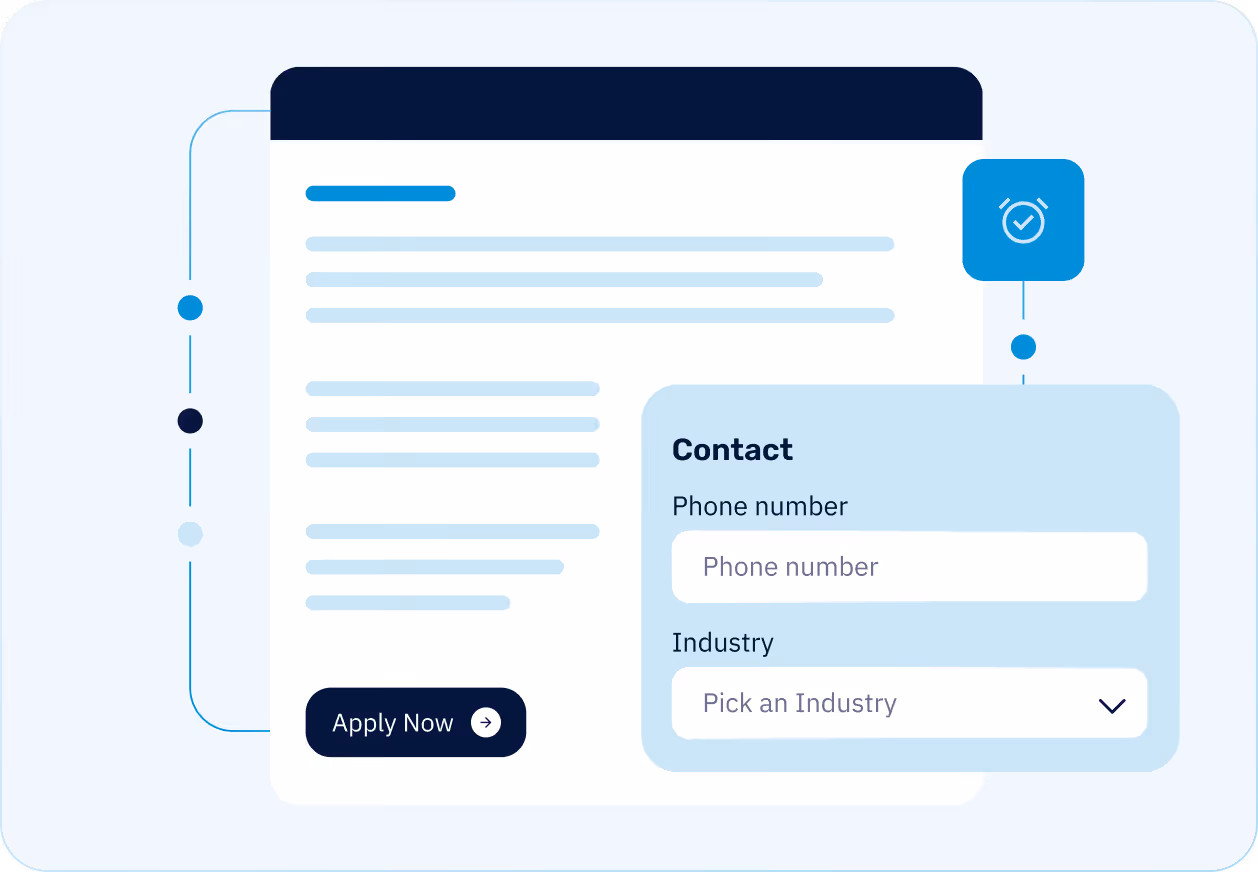 Web form with a contact section asking for phone number and industry, plus an Apply Now button.