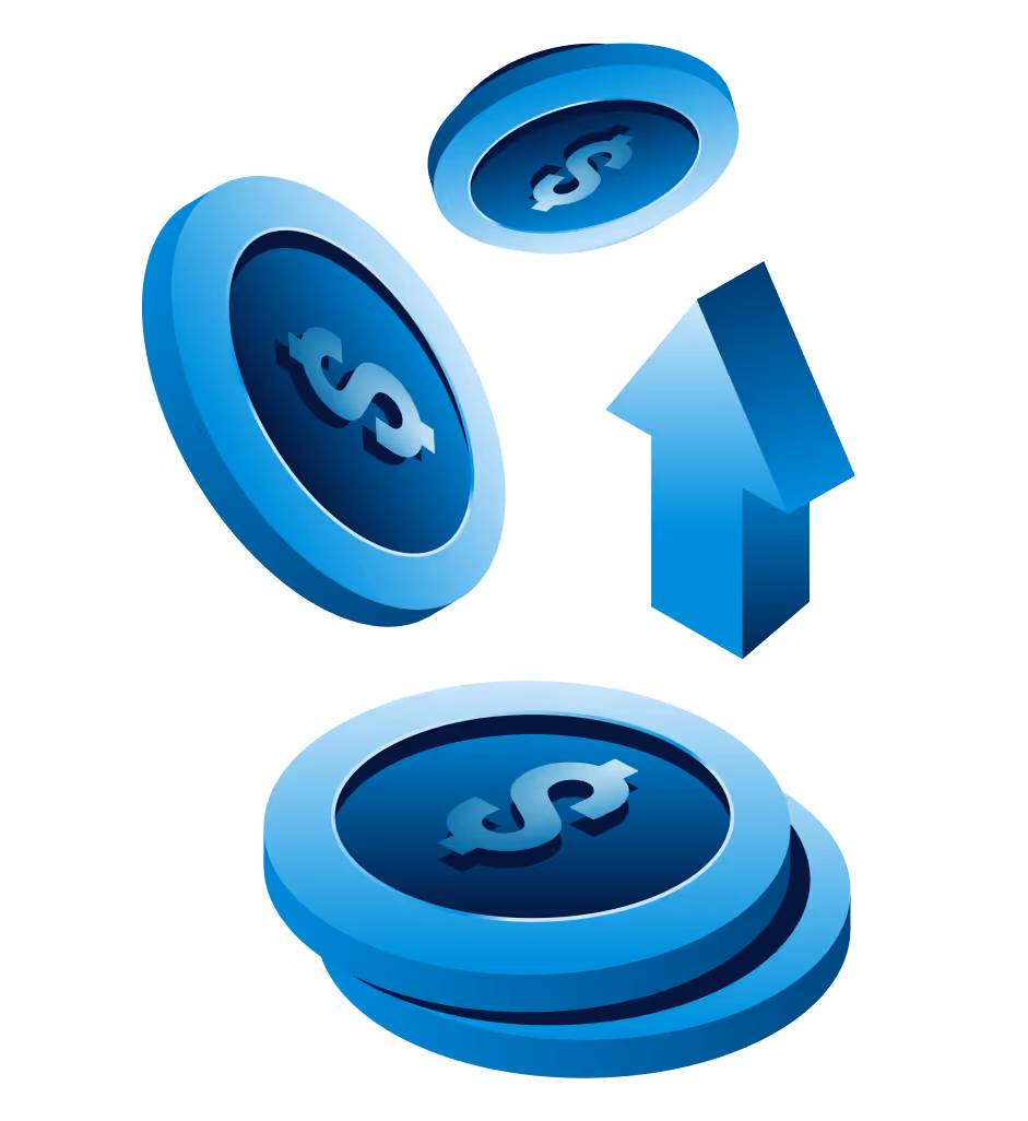 Blue coins with dollar signs and an upward arrow representing financial growth or increase.