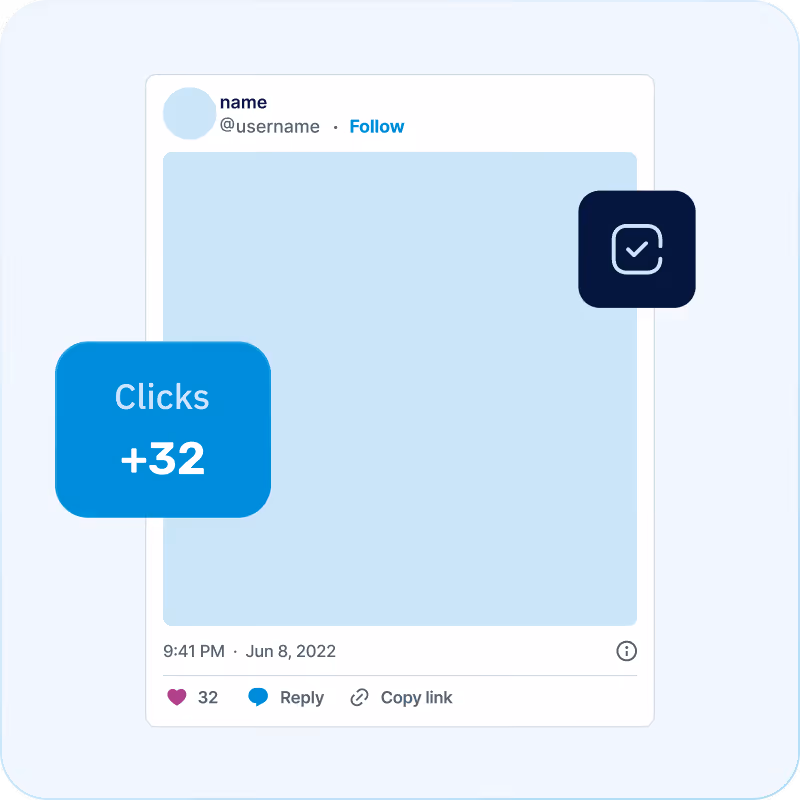 Mockup of a social media post with 32 clicks, 32 likes, reply and copy link options shown.