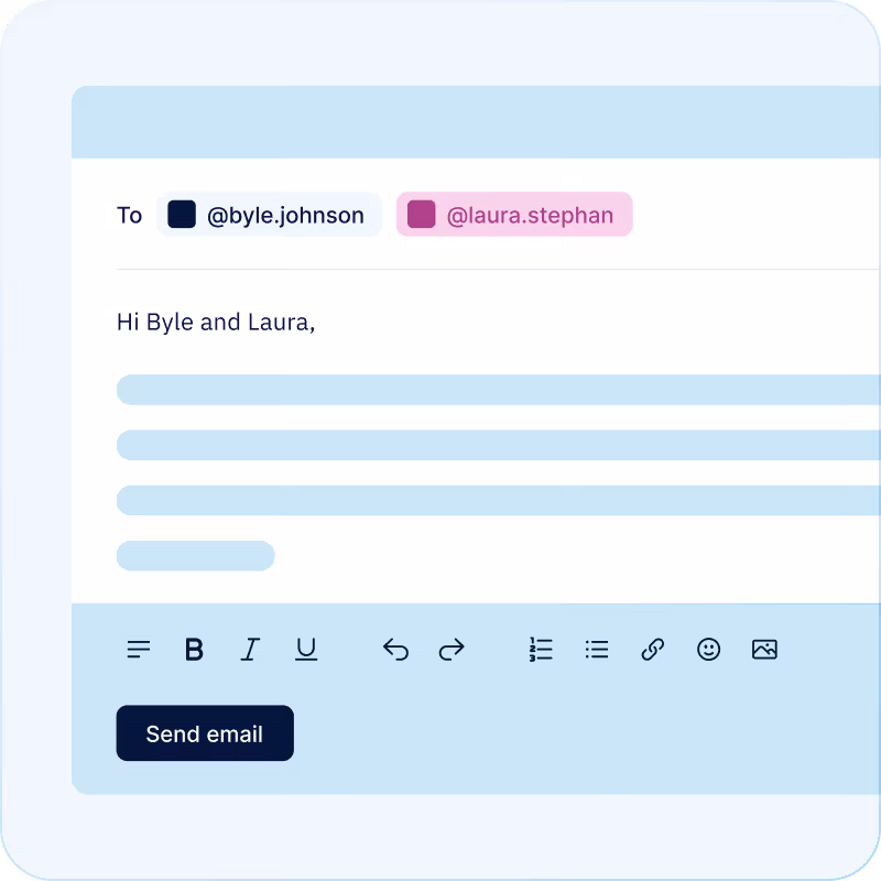 Email draft interface addressed to @byle.johnson and @laura.stephan with message and formatting options.