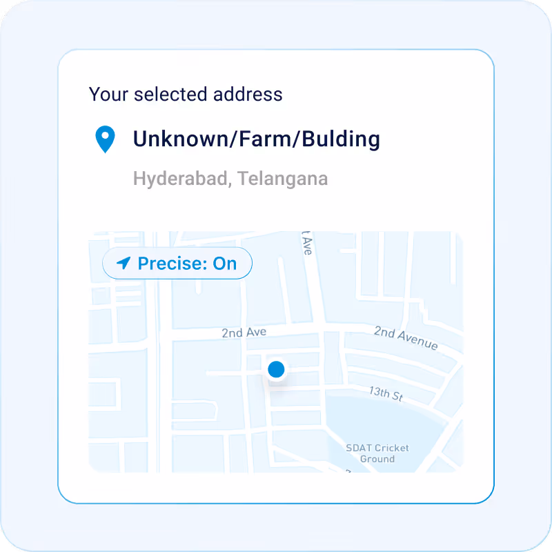 Map section showing selected address Unknown/Farm/Building in Hyderabad, Telangana with Precise location On.