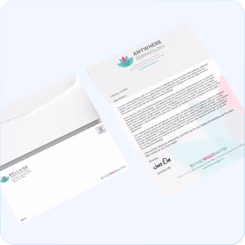 Letterhead and envelope from Anywhere Dermatology and Bellaire Dermatology with logos and text.