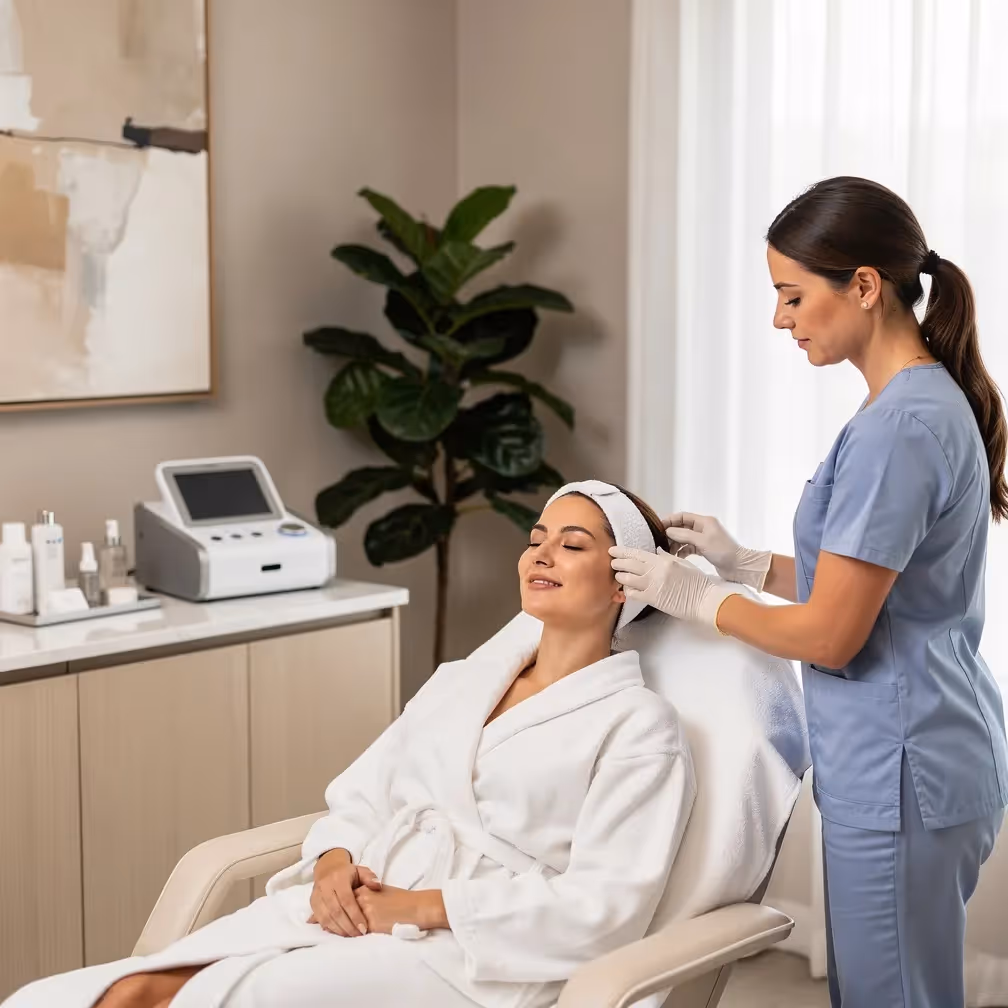 Woman in white robe relaxing in spa chair, esthetician in scrubs adjusts headband.