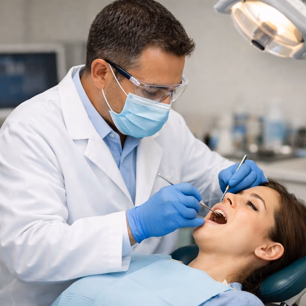 Dentist wearing mask and gloves examining a woman's teeth in a dental clinic chair.