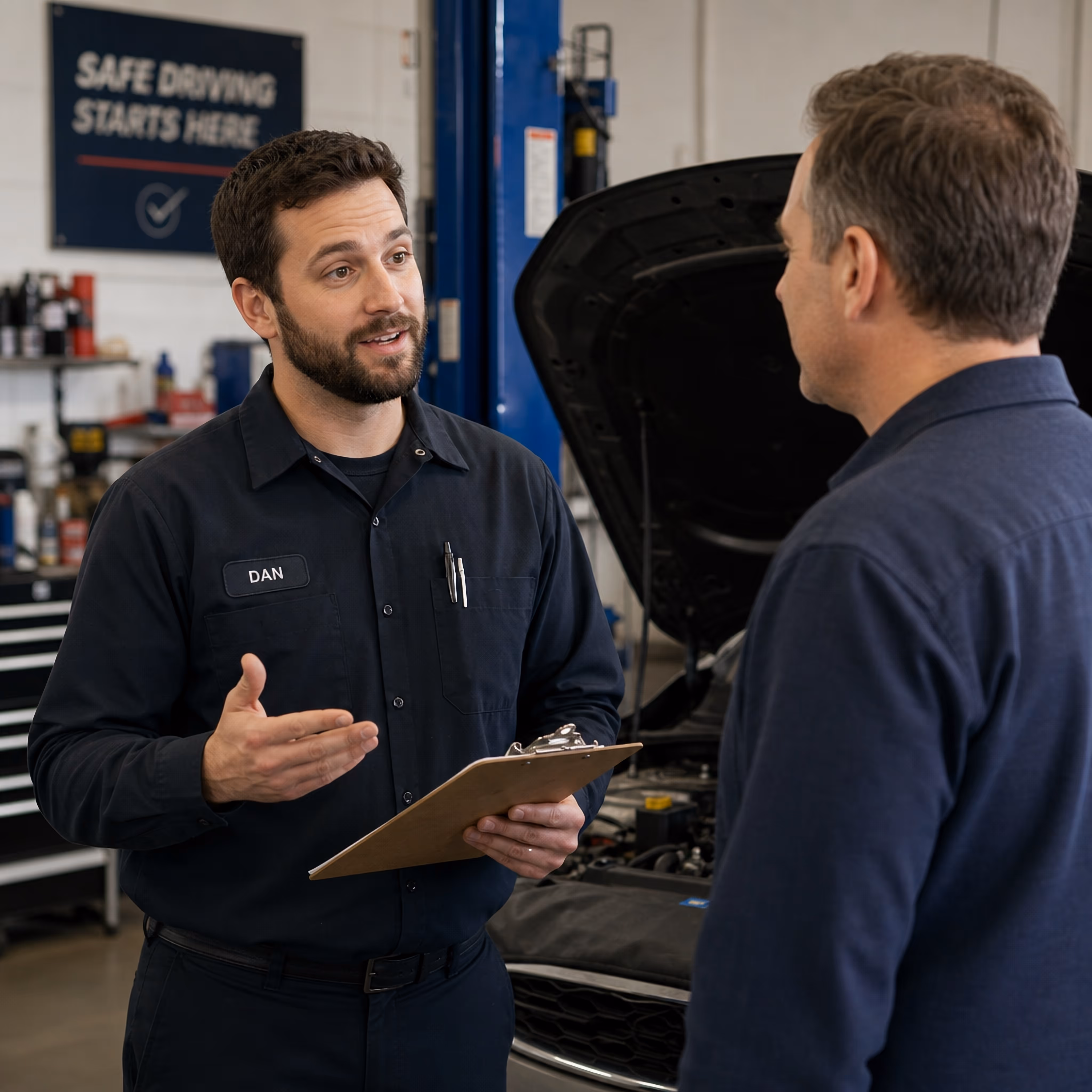 Mechanic named Dan holding a clipboard talks to a customer near a car with its hood open.