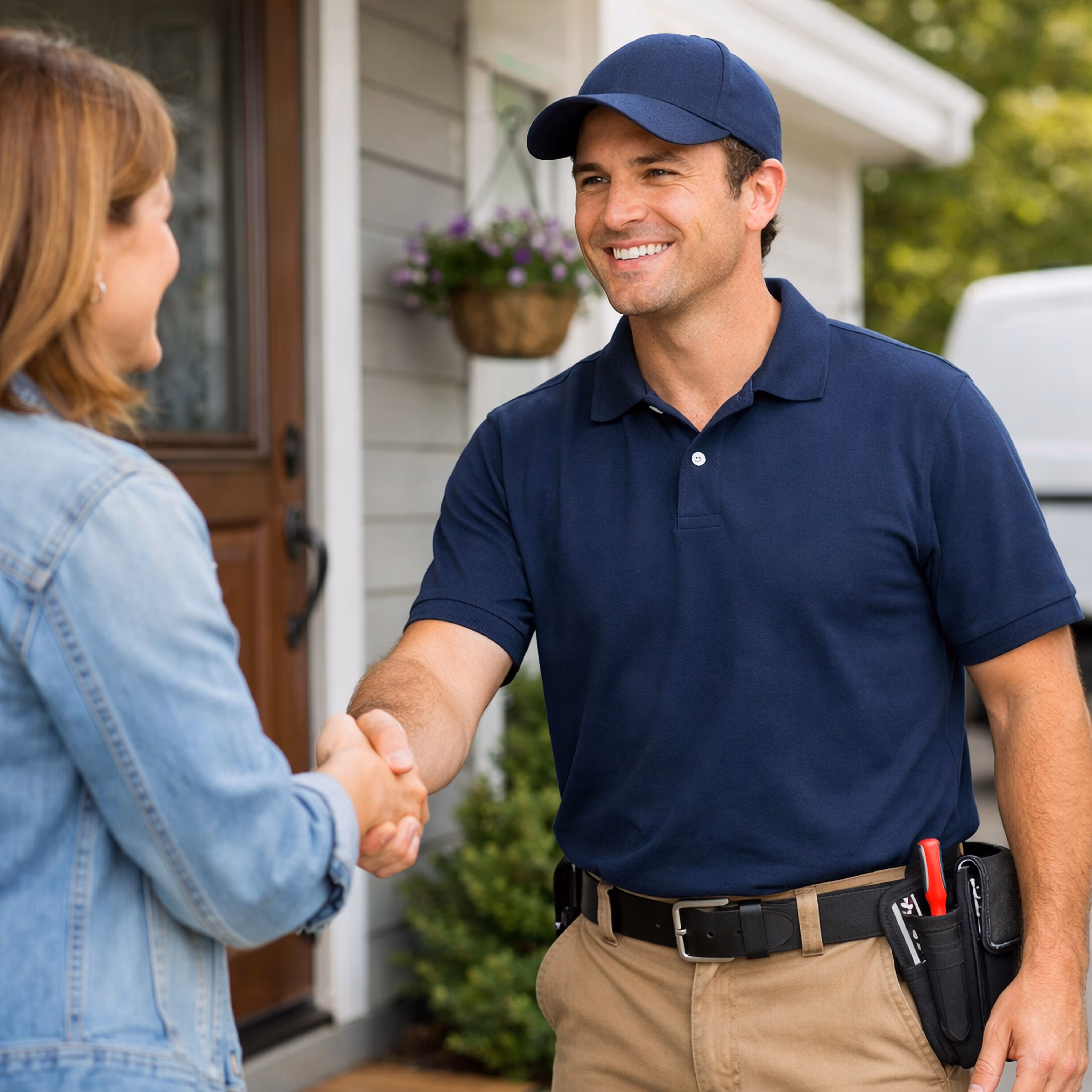 Smiling repairman in uniform shaking hands with a woman outside her home.
