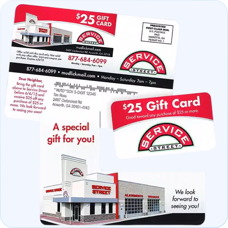 $25 Service Street gift card and envelope with store image and offer details for car services.
