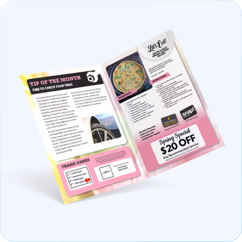 Open car care flyer with a tire pressure tip and a spring recipe discount offering $20 off services.