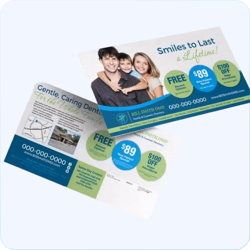 Dental flyer showing smiling family and offers like $89 new patient special and $100 off major procedures.