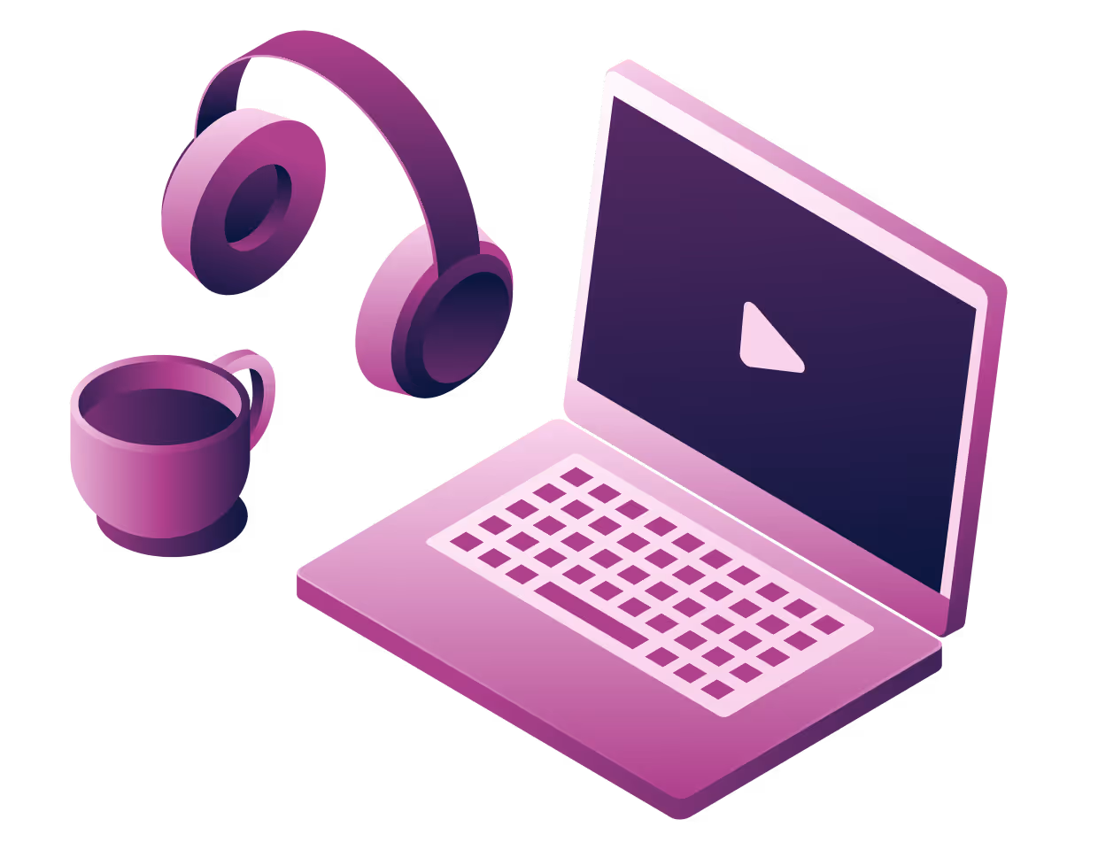 Purple laptop with play button on screen, headphones, and coffee cup on black background.