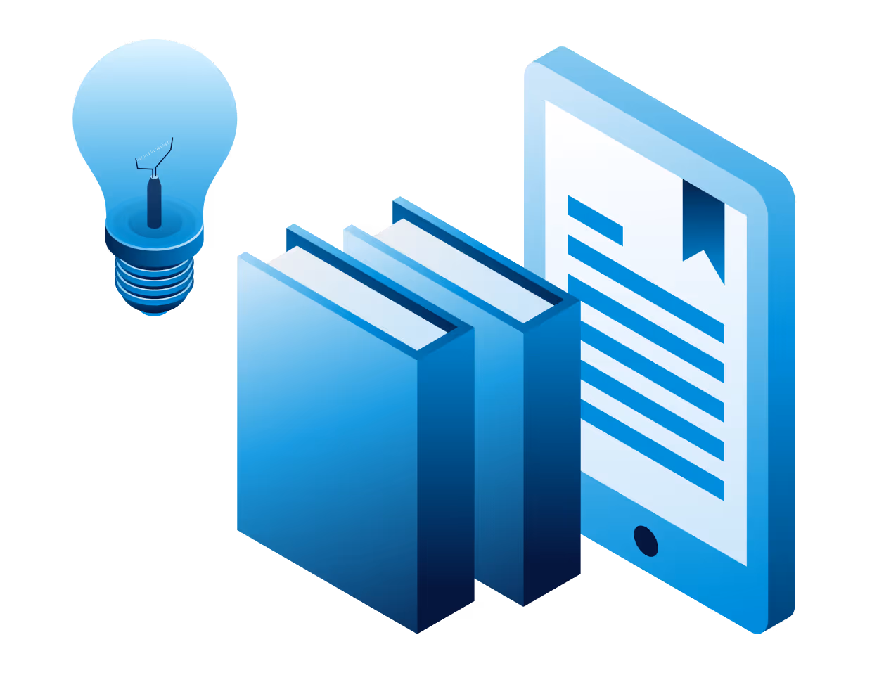 Blue light bulb connected to two books and an e-reader showing text with a bookmark icon.