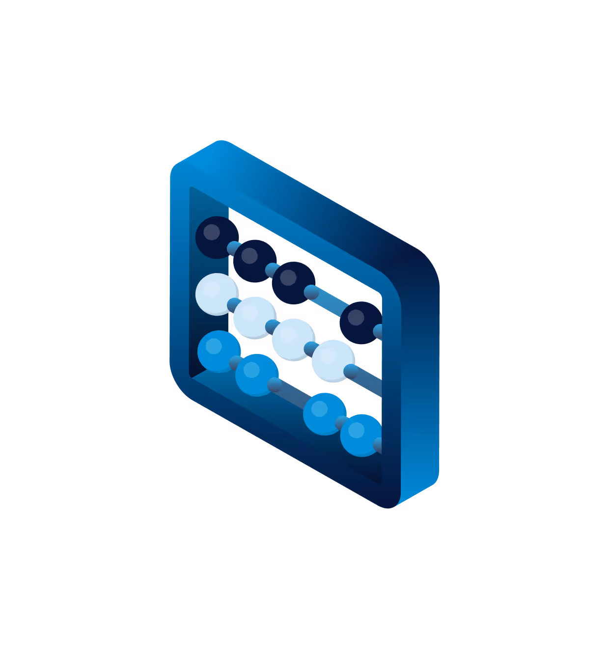 Isometric illustration of blue and white abacus with three rows of beads in a blue frame.