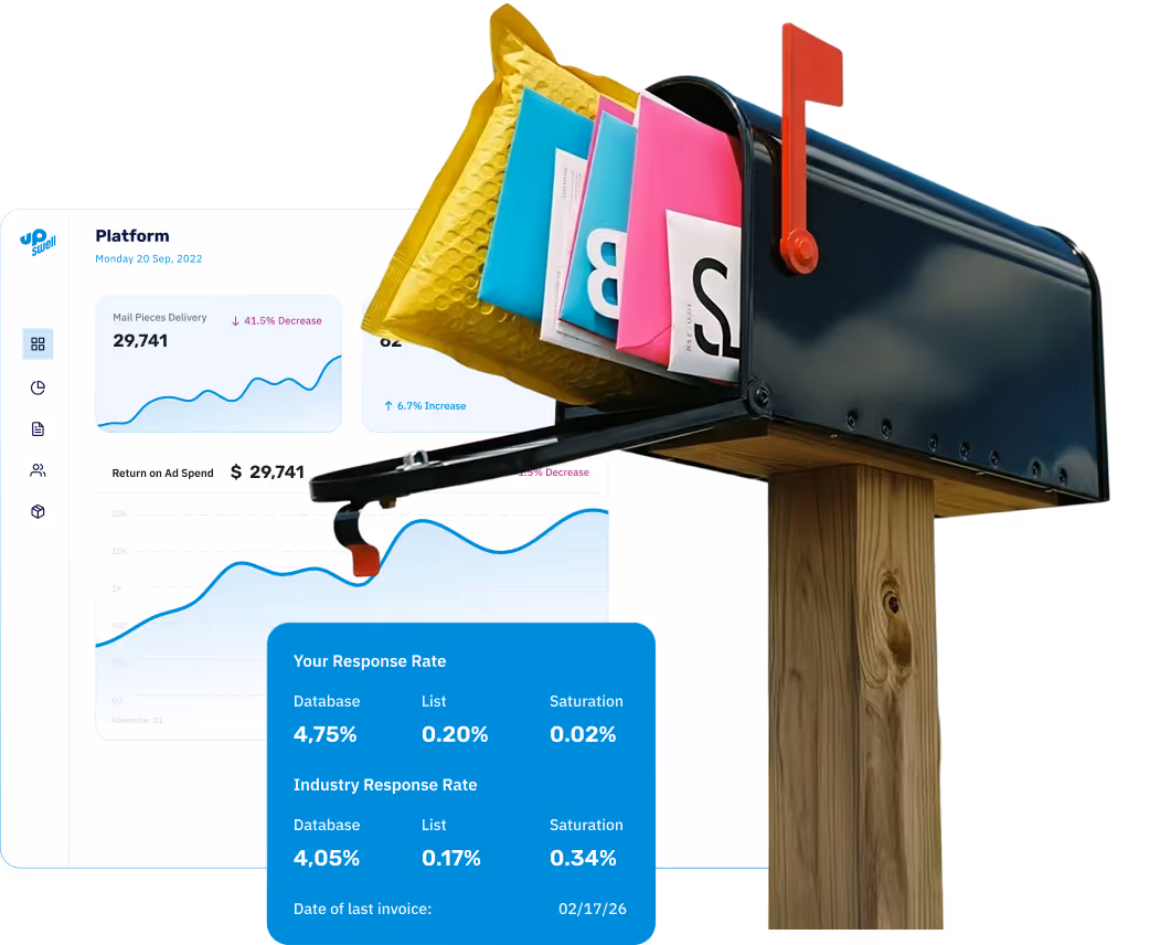 Black mailbox on wooden post filled with colorful envelopes and packages next to digital data graphs.