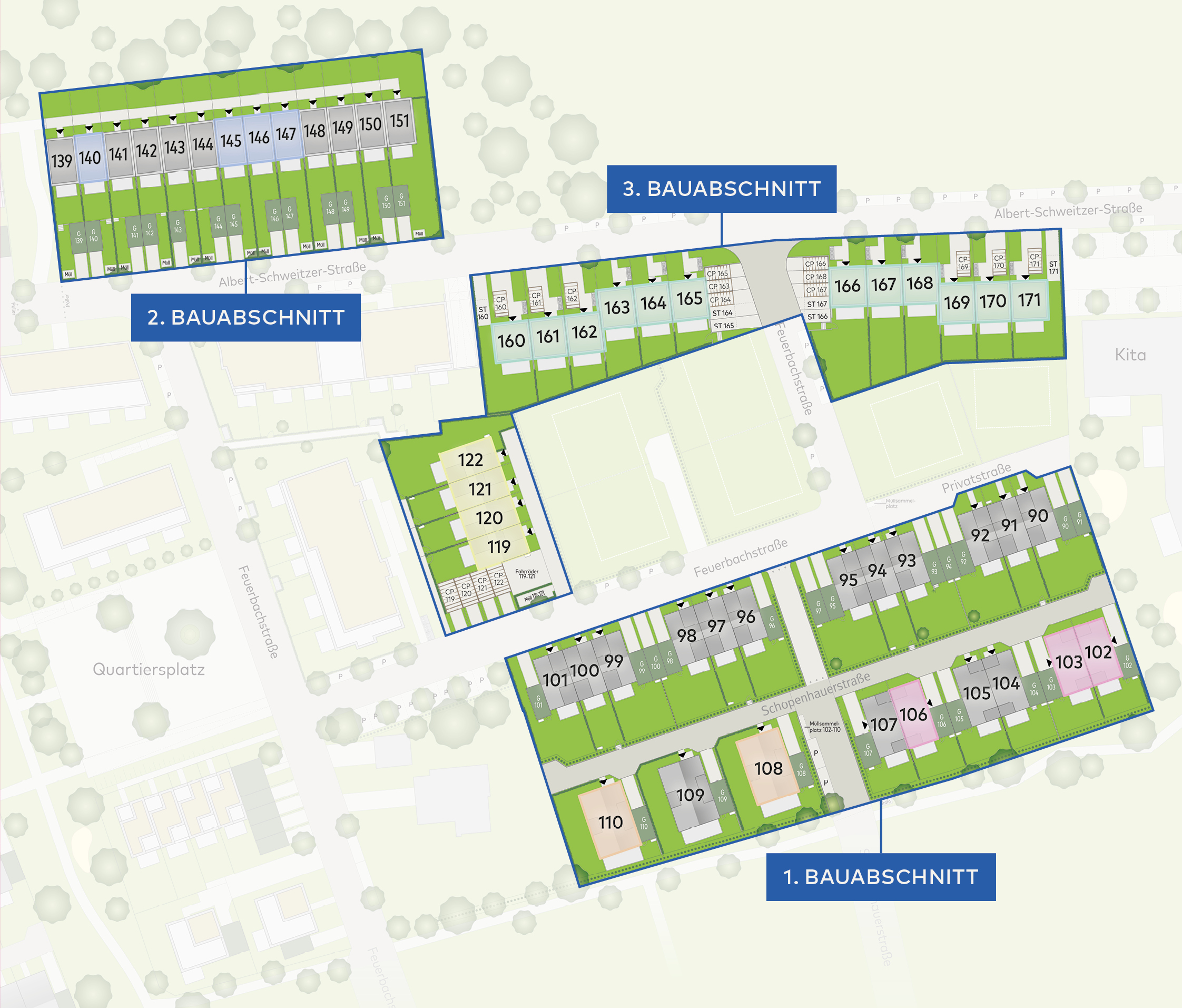 Neubauprojekt Leverkusen Steinbüchel: Immobilien-Lageplan mit der Aufteilung in drei Bauabschnitte, nummerierten Wohngrundstücken und Grünflächen entlang der Feuerbachstraße und Albert-Schweitzer-Straße.