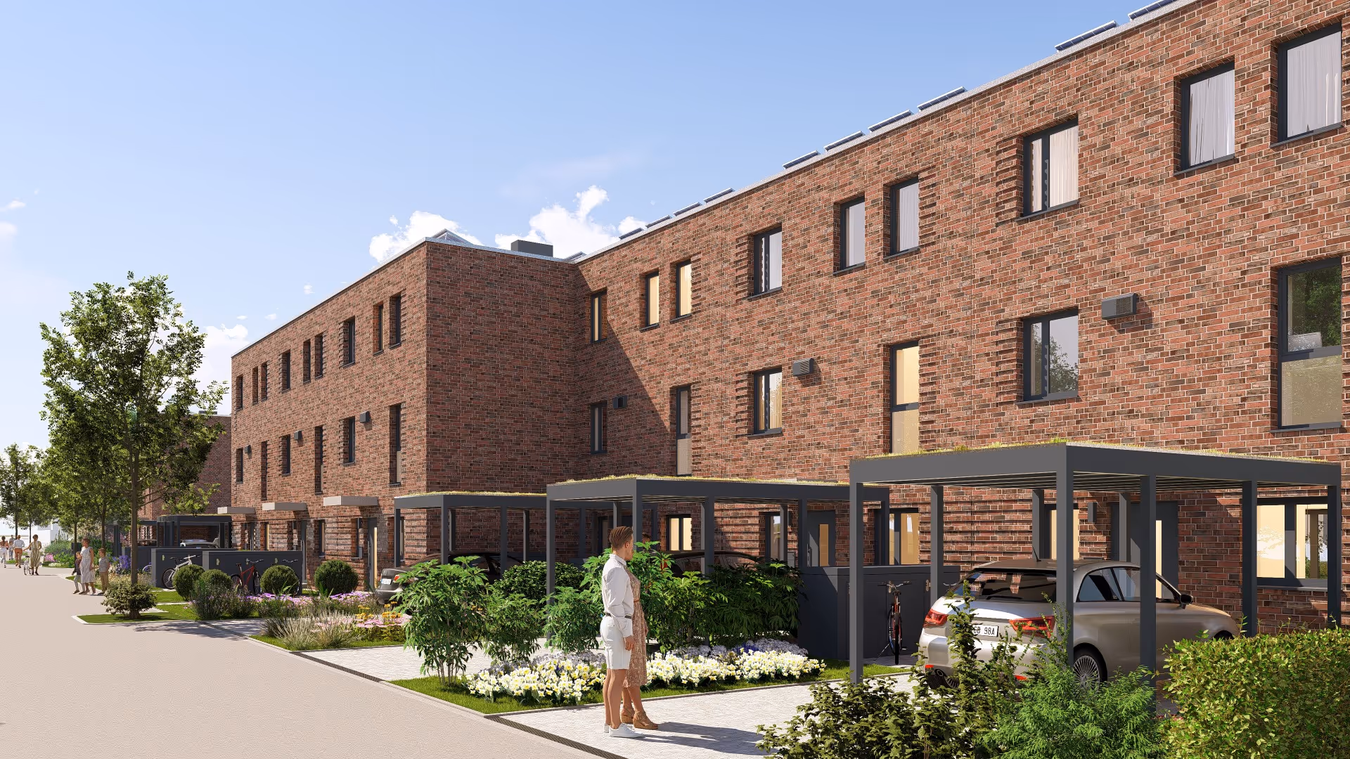 Moderne Backstein-Wohngebäude des Neubauprojekts Leverkusen Steinbüchel mit Carports und Grünanlagen sowie zwei Personen, die auf dem Gehweg stehen.