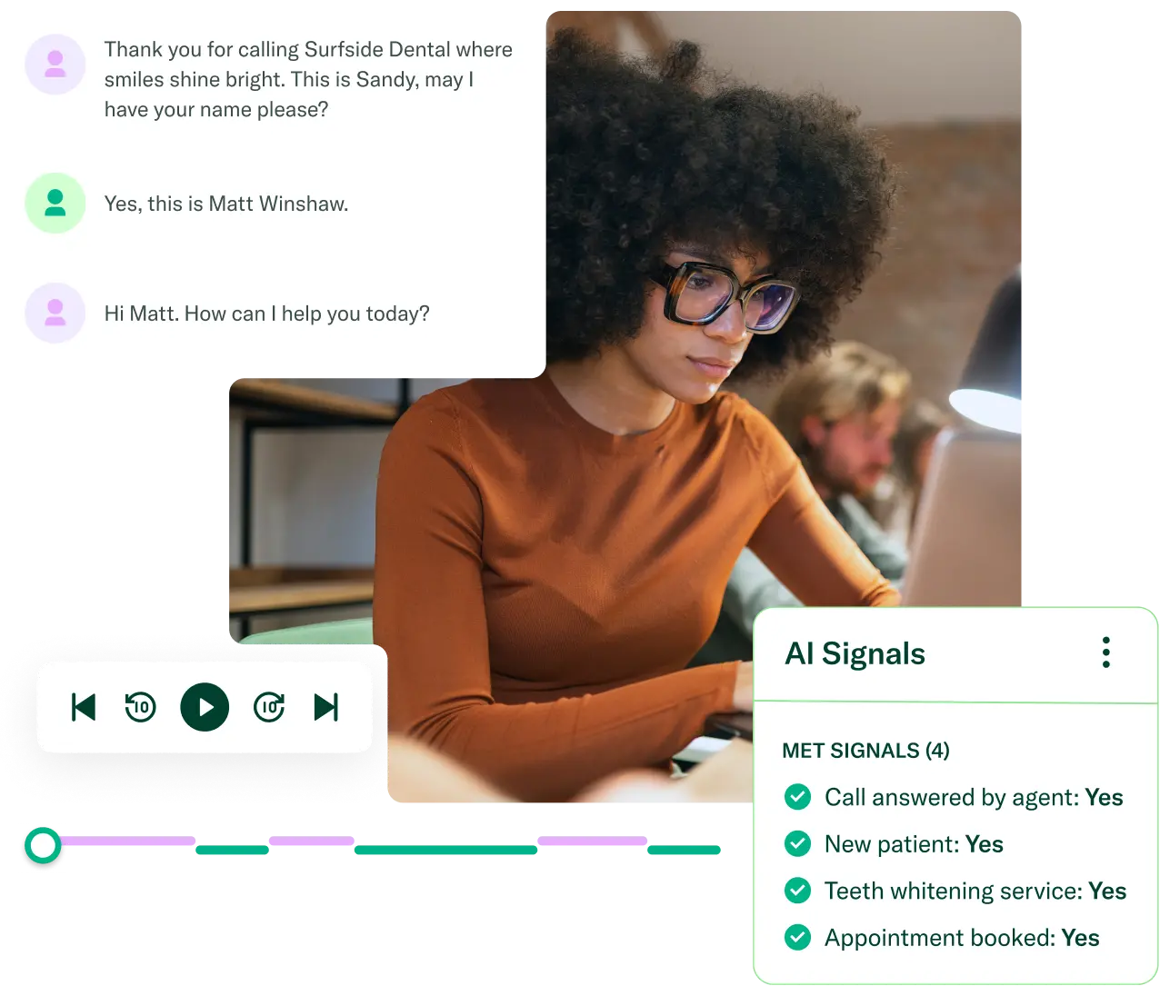 Woman with curly hair and glasses working on a laptop, alongside a call transcript and AI signals showing call outcomes and services.