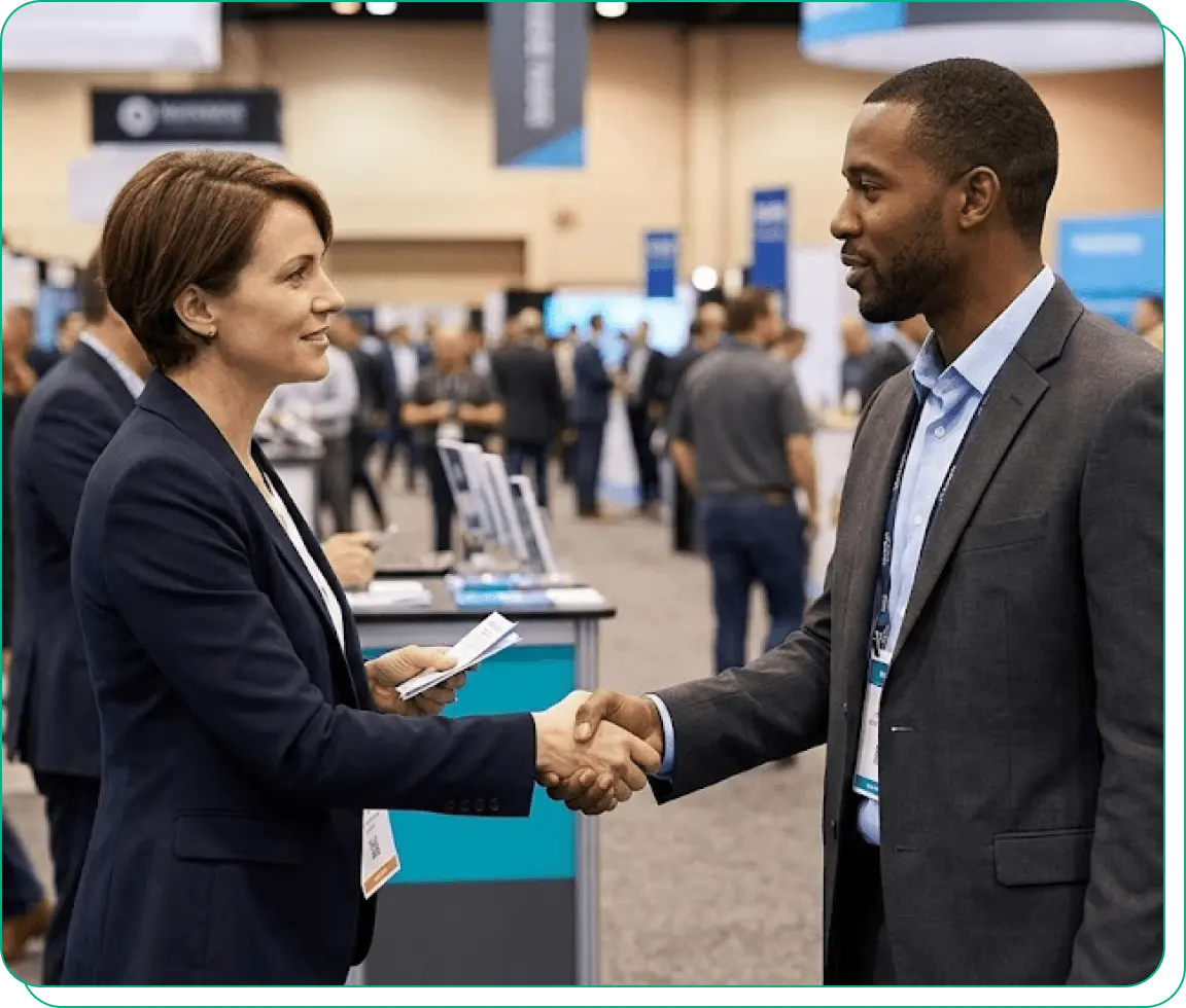 Two people shake hands at a tradeshow