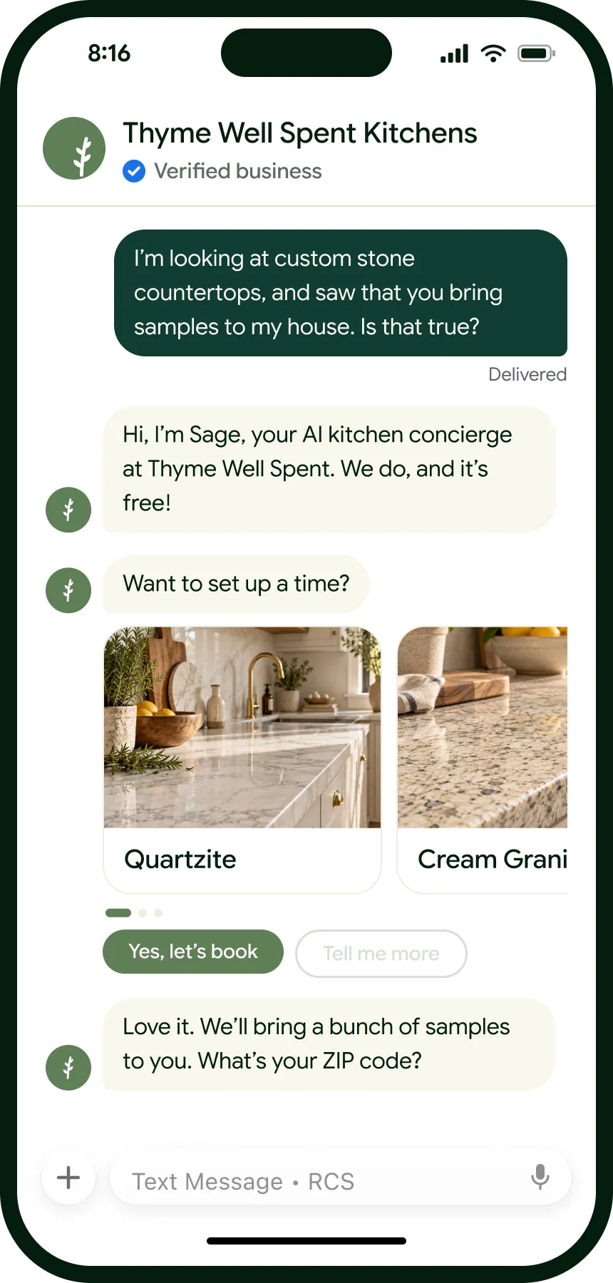 RCS chat in which Sage, Thyme Well Spent Kitchens' AI concierge, answers a customer's question