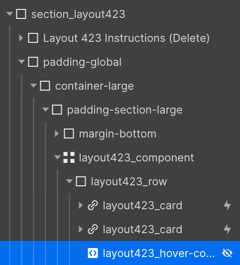 Developer tool interface showing nested layout elements and components in a hierarchy view.