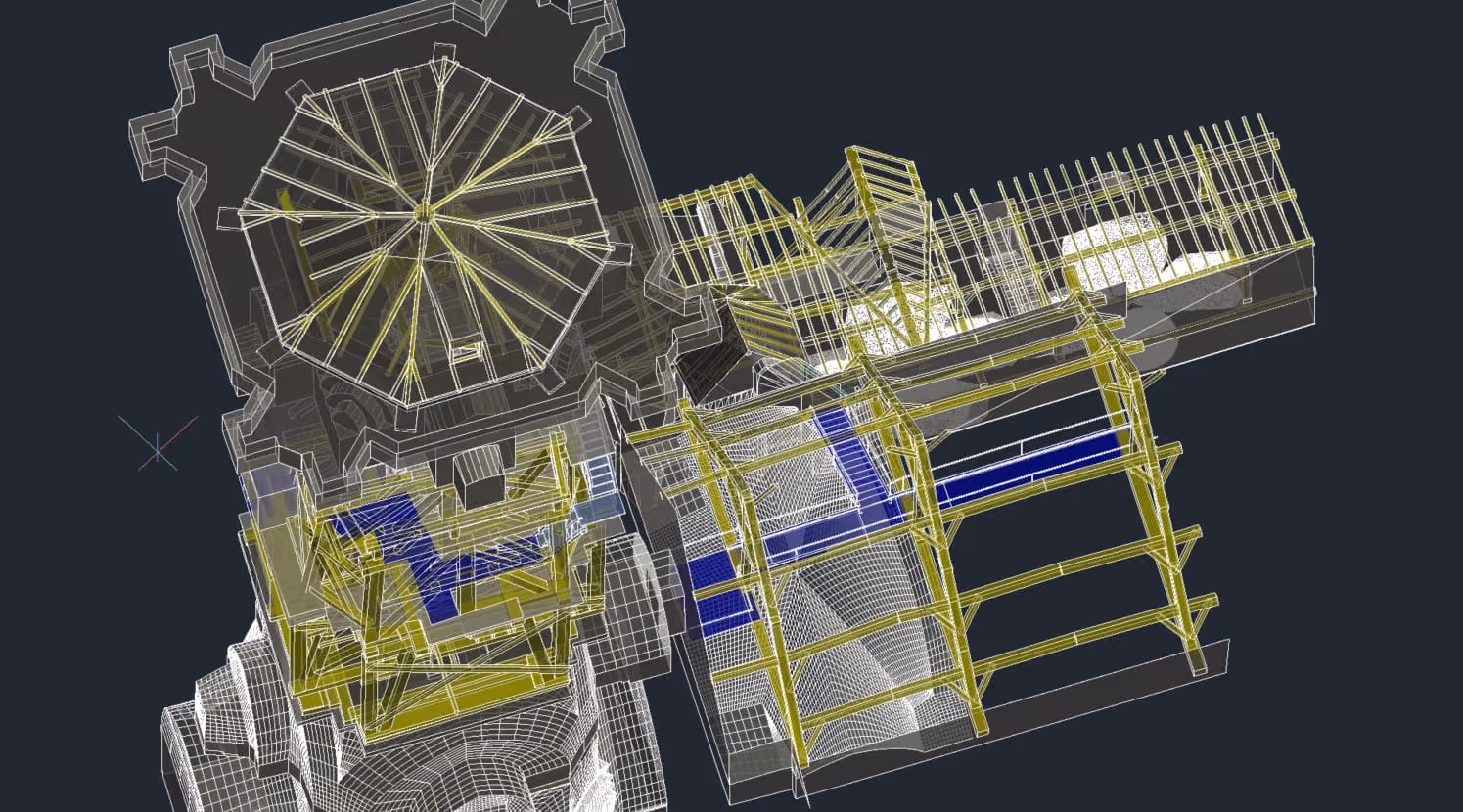 Een computergegenereerd 3D-draadmodel van een complexe structuur met onderling verbonden geometrische vormen en lijnen, voornamelijk in geel en wit tegen een donkere achtergrond.