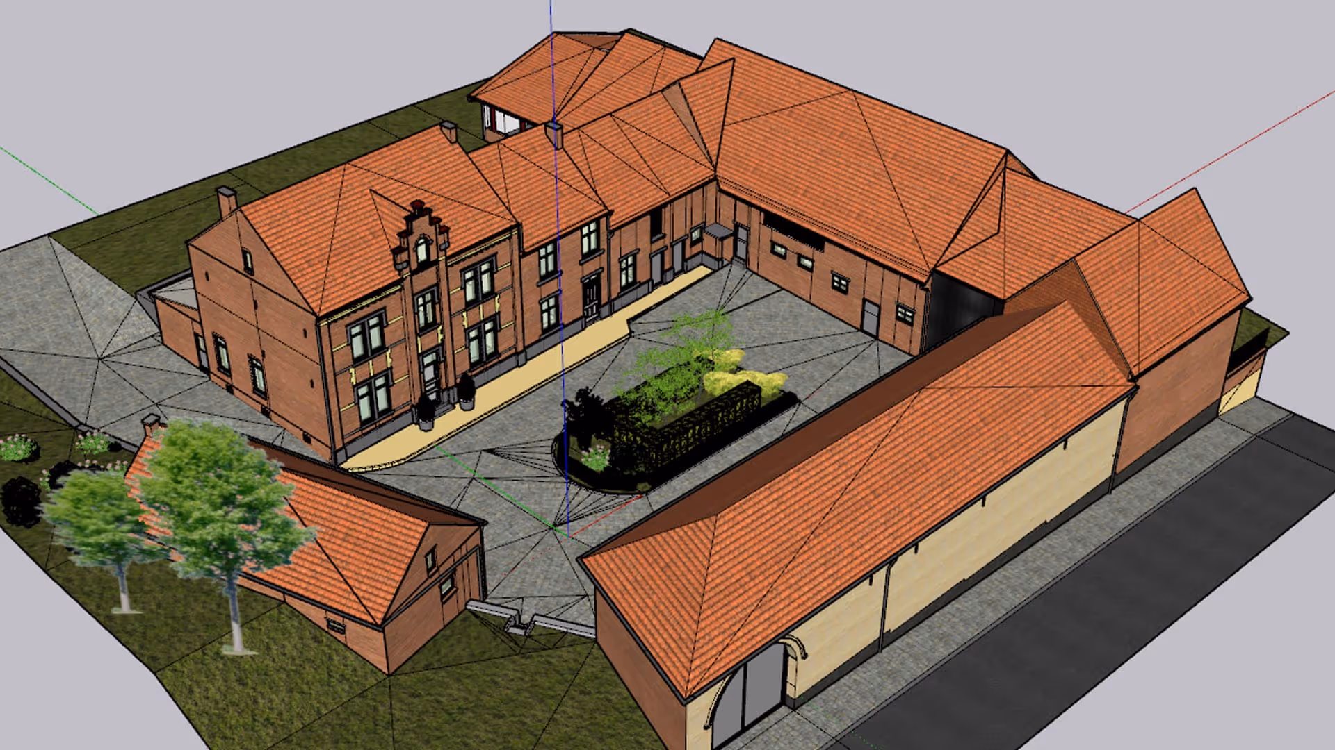 3D-architectuurmodel van een U-vormig bakstenen gebouw met rode daken, voorzien van een binnenplaats met bomen en struiken, waarbij de nadruk ligt op symmetrie en een historische stijl.