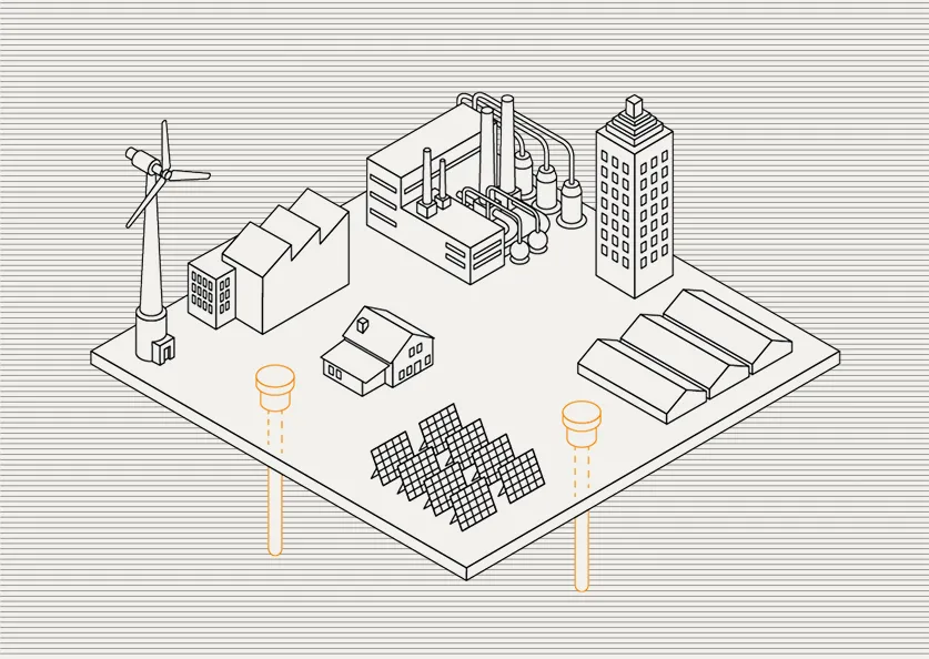 Isometric illustration of a small industrial and residential area with a wind turbine, solar panels, houses, factories, and buildings on a platform with two underground monitoring devices.