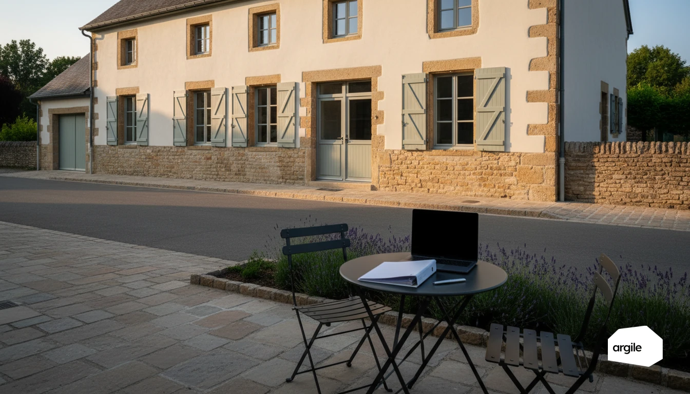 Table de prospection devant une ferme rénovée