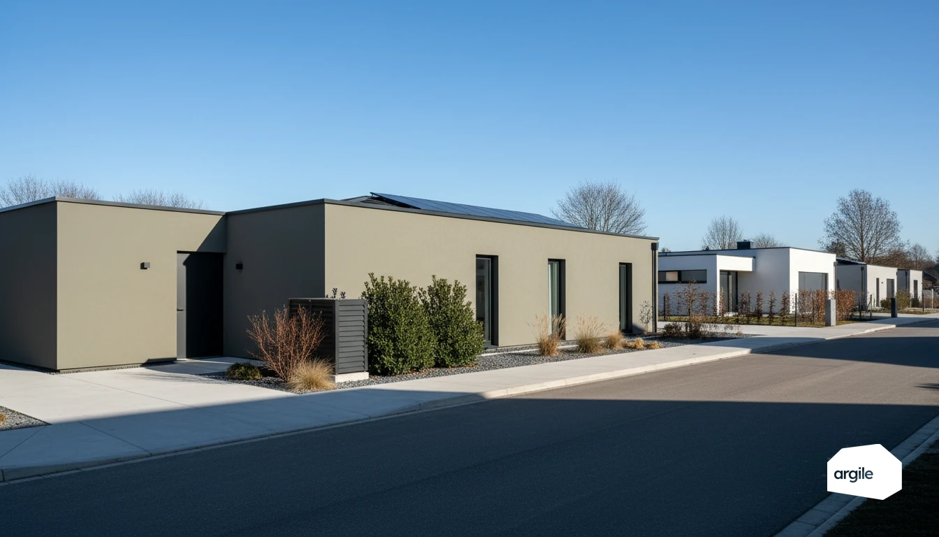 Maison rénovée basse énergie, hiver, façade performante.