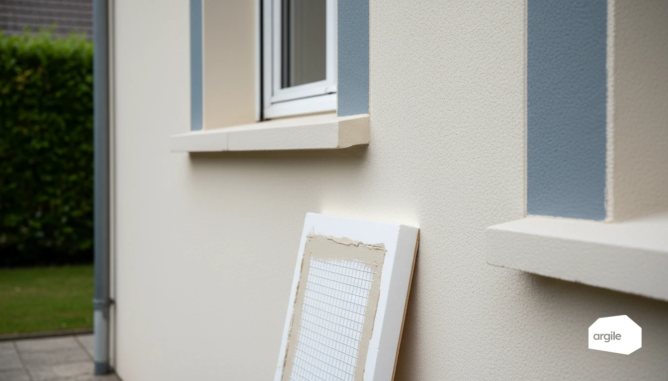 Gros plan façade isolée par l’extérieur, rendu bleu-gris