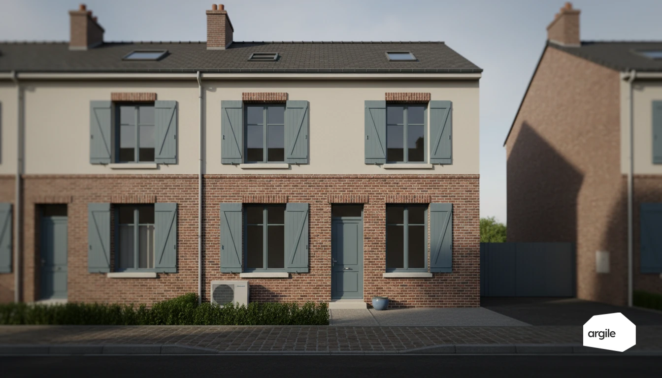 Maison mitoyenne rénovée, façade bleue, rénovation énergétique