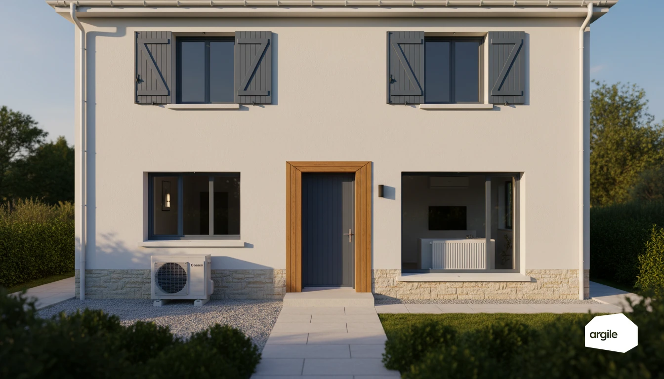 Maison rénovée avec PAC extérieure, teintes bleu #3864A2