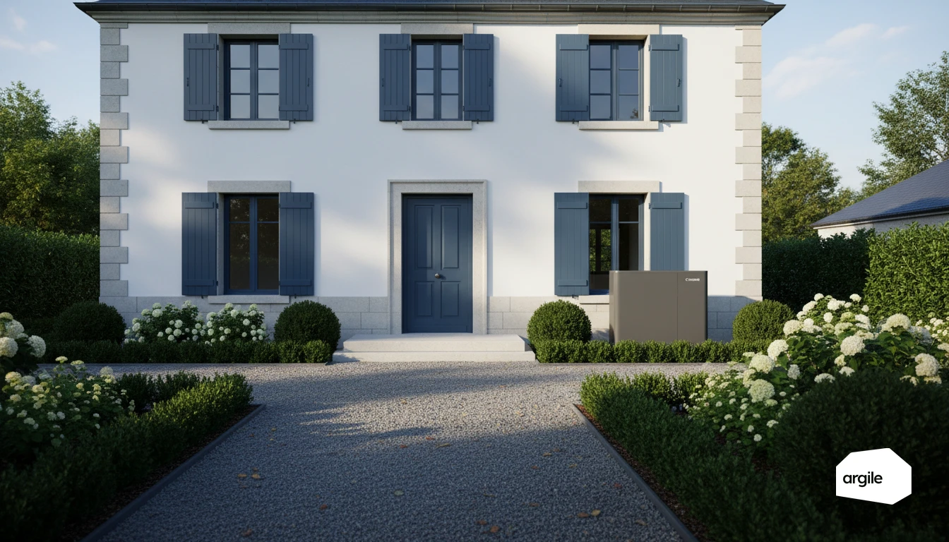 Pompe à chaleur devant pavillon rénové, lumière matinale