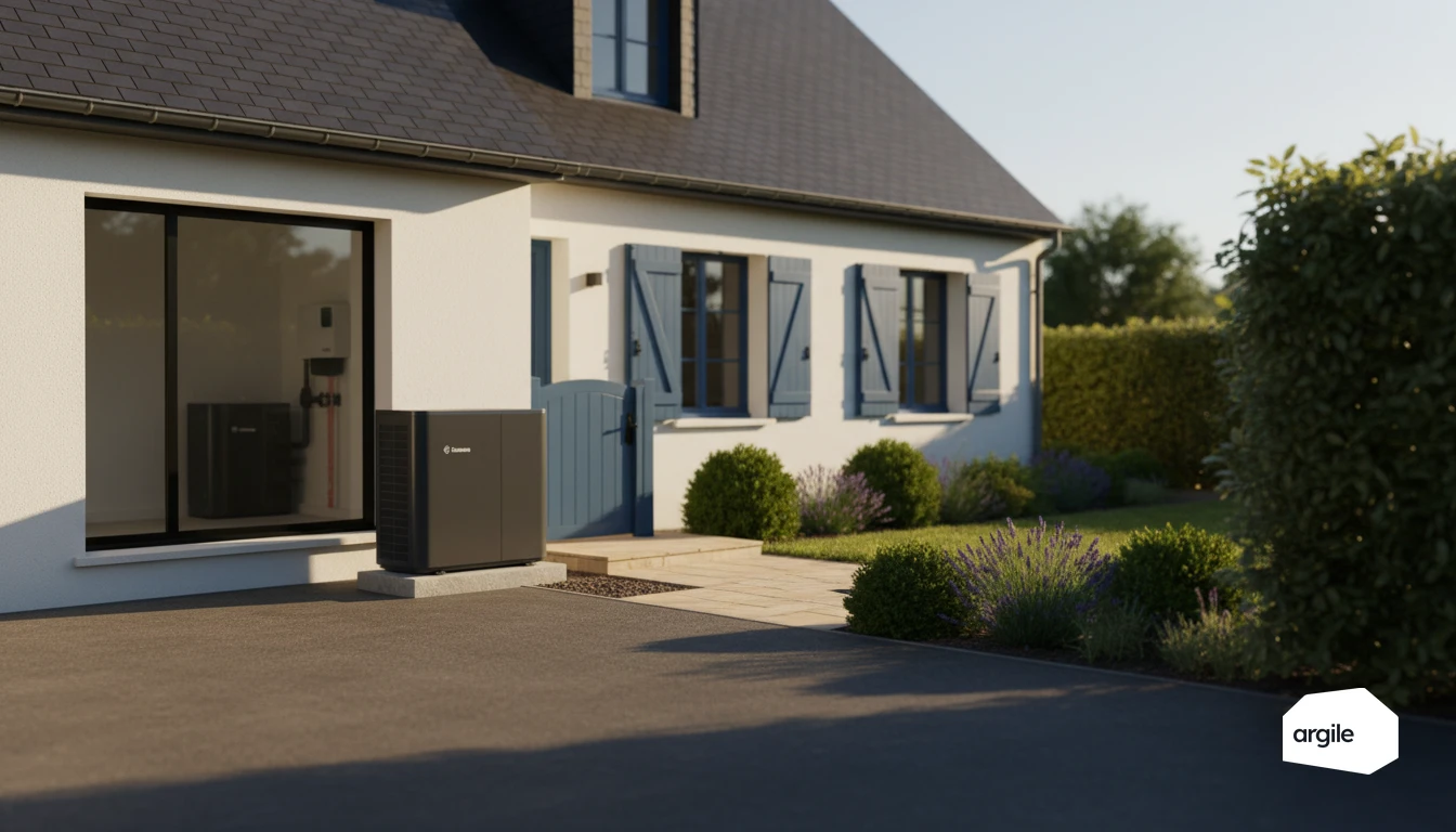 Pavillon rénové avec PAC hybride au soleil couchant