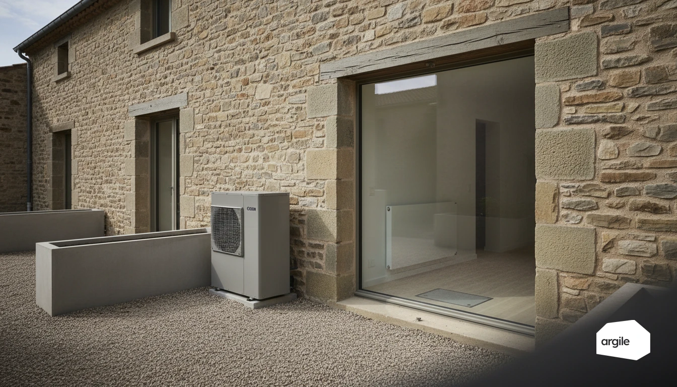 Maison en pierre rénovée avec PAC et émetteurs de chauffage