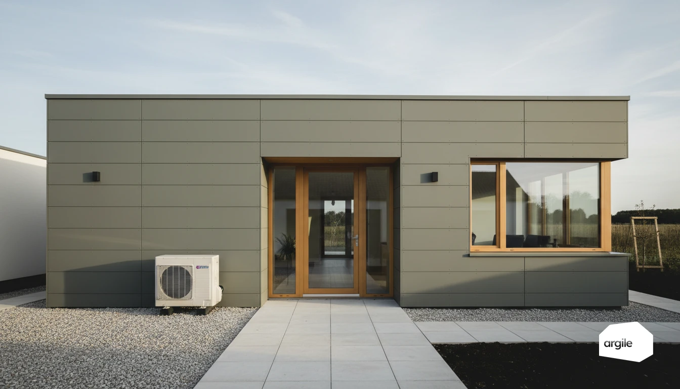 Pompe à chaleur devant maison moderne rénovée, façade sobre