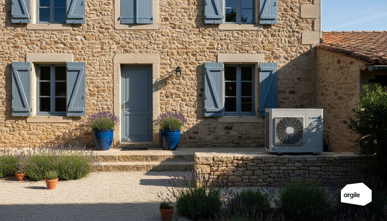 PAC moderne près d’une maison en pierre rénovée