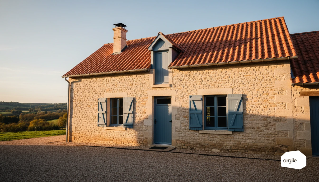 Cheminée de ferme rénovée au soleil couchant