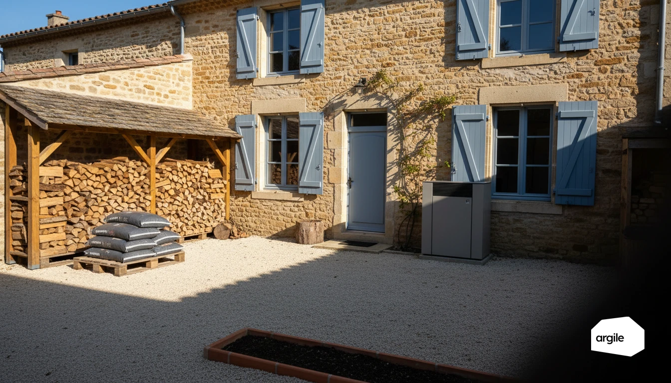 Bûches et granulés devant maison en pierre rénovée
