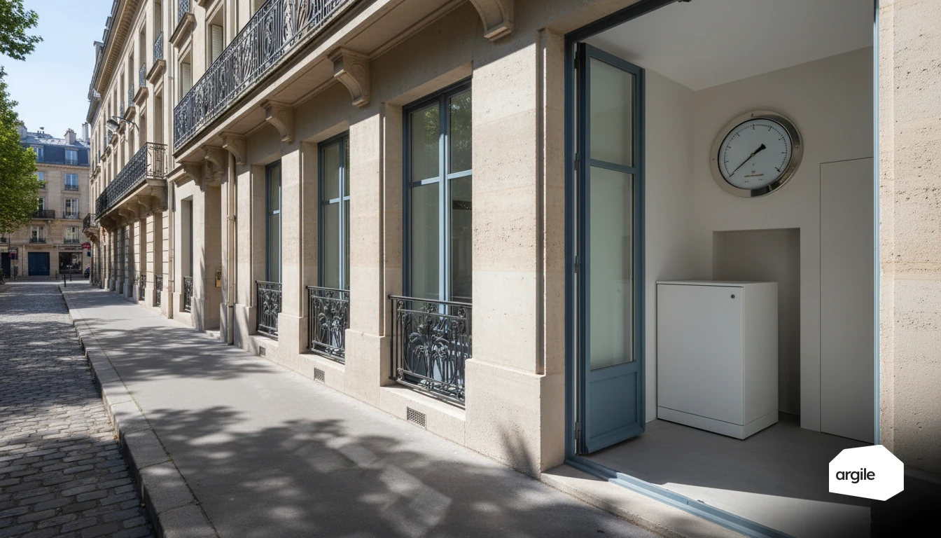 Façade haussmannienne et manomètre chauffage en rénovation