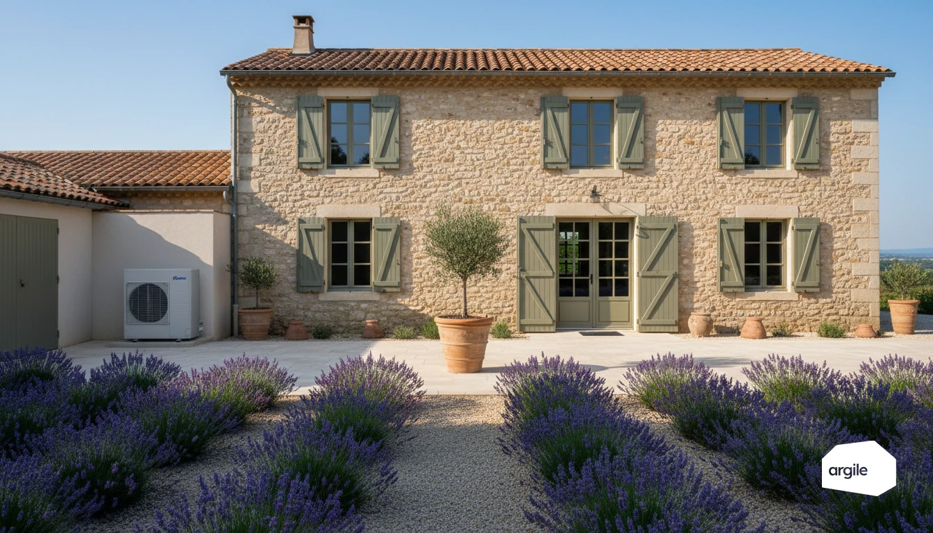 Pompe à chaleur devant mas provençal rénové